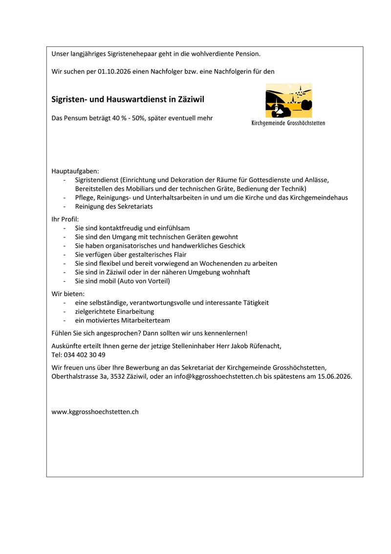 Stelleninserat Sigrist Zäziwil